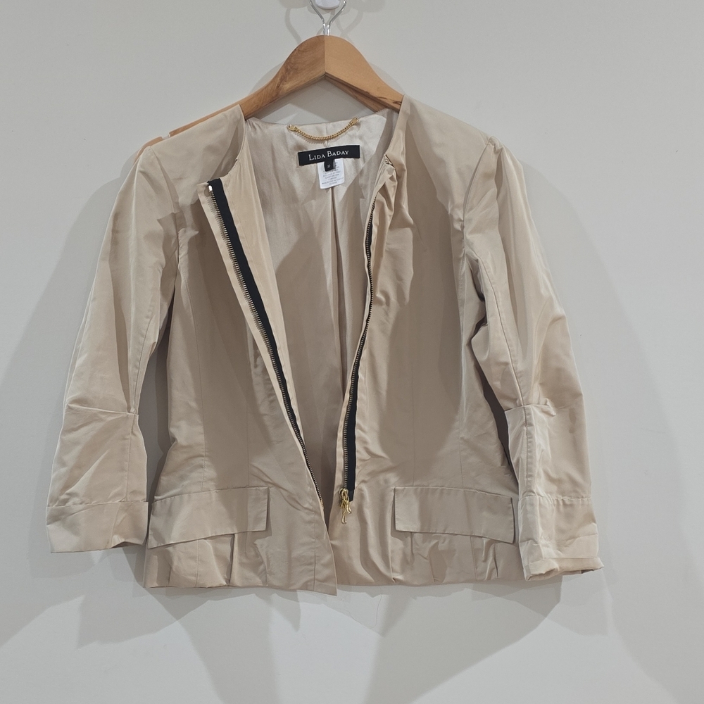 Lida Baday Women's Beige Zip Jacket Short Long Sleeve Size 10 Solid Lightweight